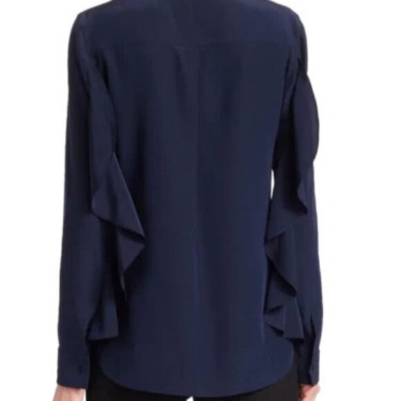 New AKRIS Punto Silk Denim Blue V Neck Ruffle Sleeve Top Blouse 4 - Picture 2 of 9